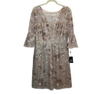 NWT Adrianna Papell Blush Embroidered Sequin Dress 3/4 Bell Sleeves - Size 12